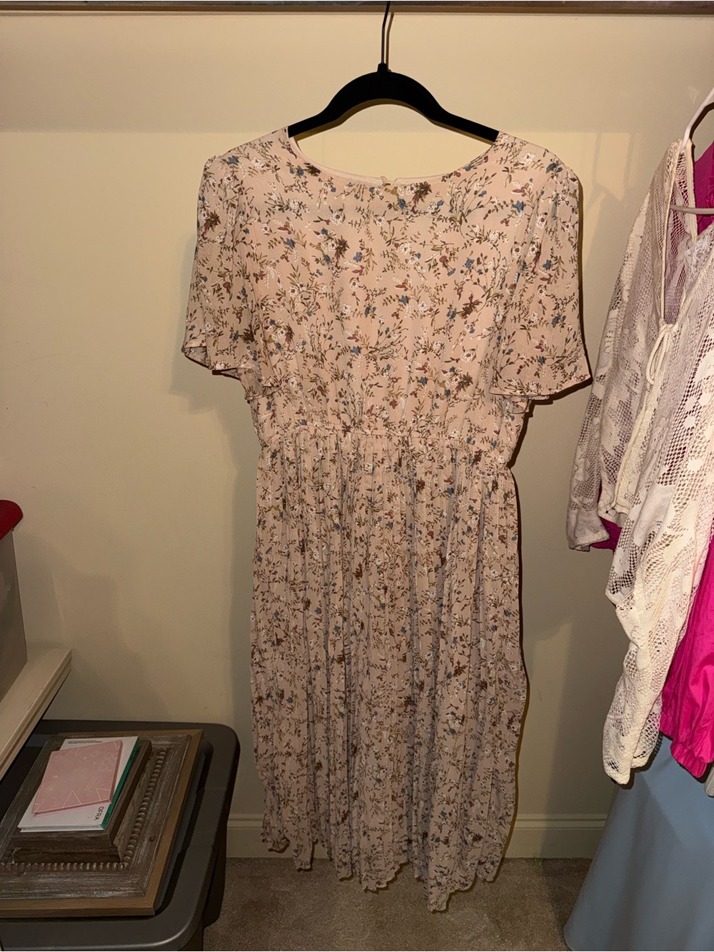 Tan Floral Midi Dress with Gathered Waist and Pleated Bottom